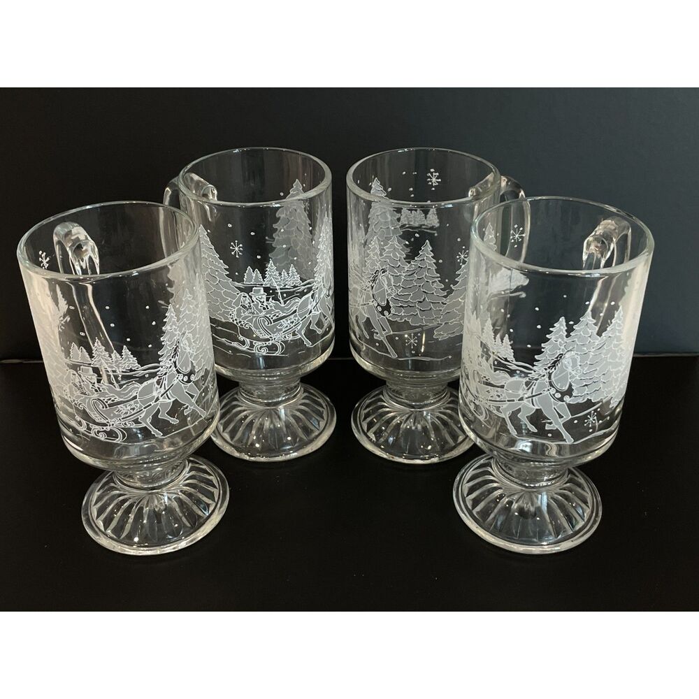 4 Vtg Avon Presidents Club Etched Footed Glass Mugs - Through The Woods Design